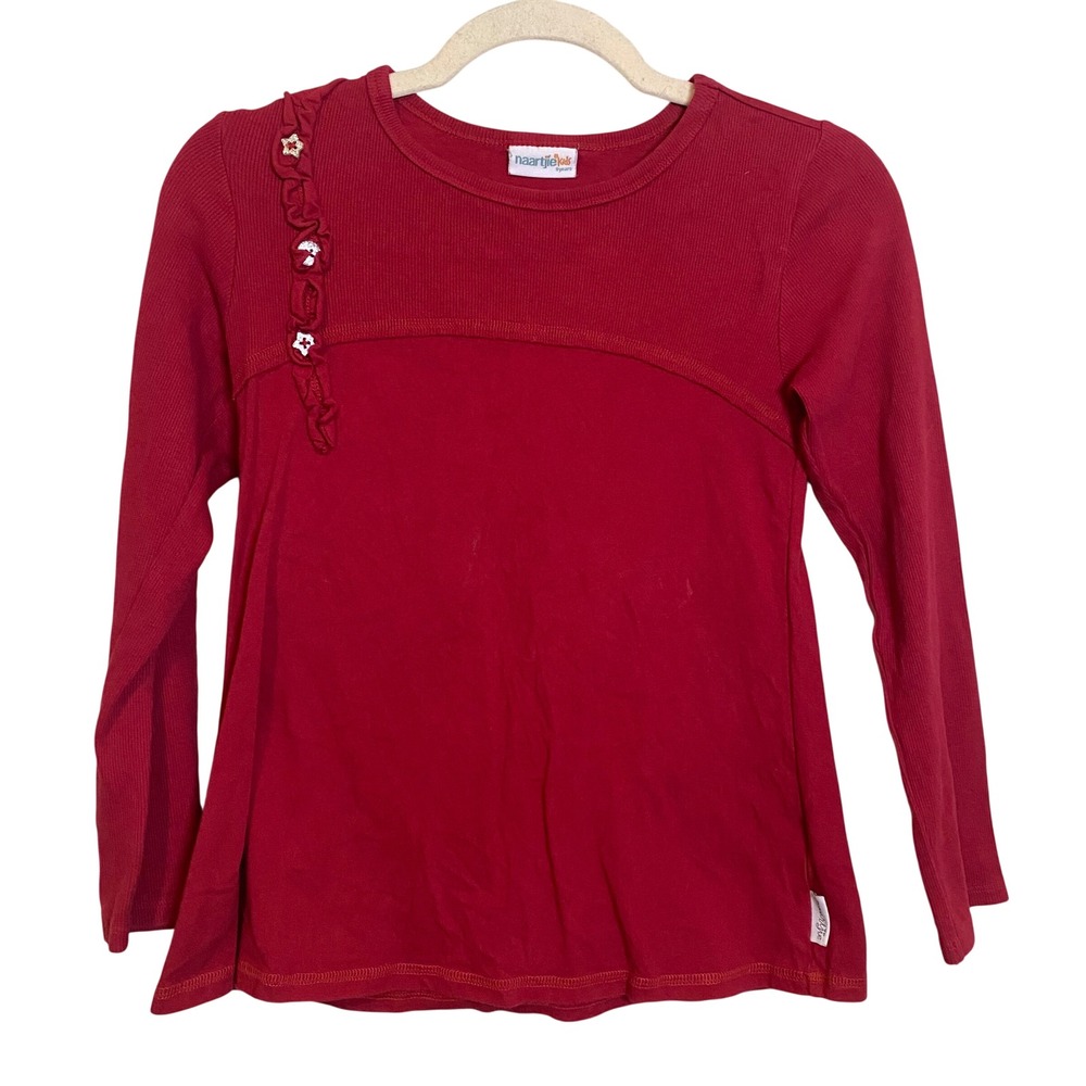 Naartjie Kids Girls Red Ribbed Long Sleeve Ruffle Star Button Top Size 9 Years